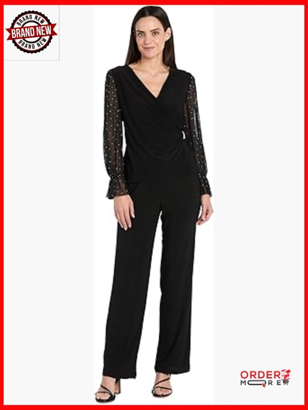 Women's Sparkle Formal Faux Wrap Top with Studded Chiffon Sleeves